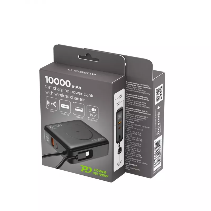 Gembird PB10-WPC15-LCD-01 rýchlonabíjacia powerbanka s bezdrôtovou nabíjačkou, 20 W, 10000 mAh, čierna