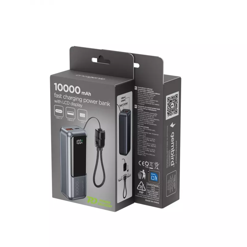 Gembird PB10-PD20-LCD-02 kompaktná rýchlonabíjacia powerbanka s LCD displejom, 20W, 10000 mAh, Space Grey