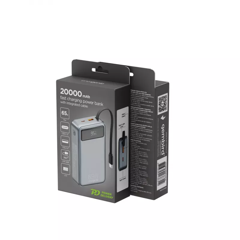 Gembird PB20-PD65-LCD-01 rýchlonabíjacia powerbanka s integrovanými káblami, 65W, 20000 mAh, čierna