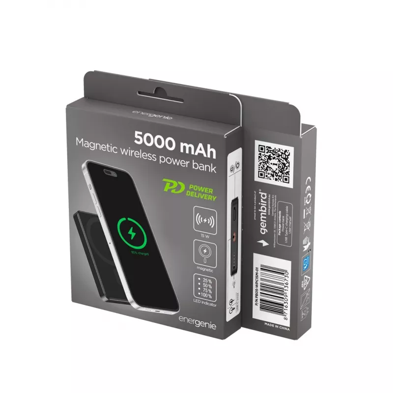 Gembird PB05-WPC15M-01 magnetická bezdrôtová powerbanka 15W, 5000mAh, čierna
