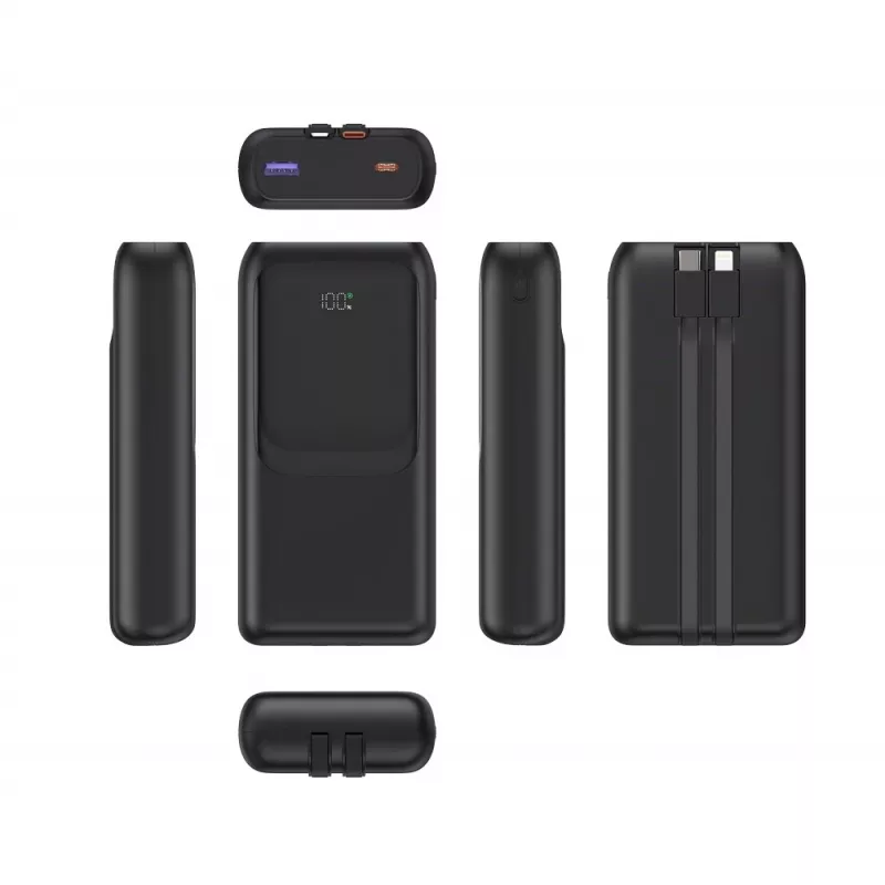Gembird PB20-PD20-LCD-01 rýchlonabíjacia powerbanka s integrovanými káblami, 20 W, 20000 mAh, čierna