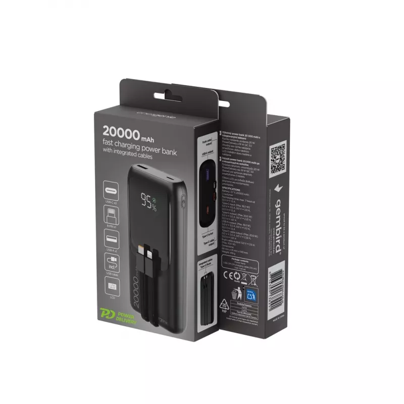 Gembird PB20-PD20-LCD-01 rýchlonabíjacia powerbanka s integrovanými káblami, 20 W, 20000 mAh, čierna
