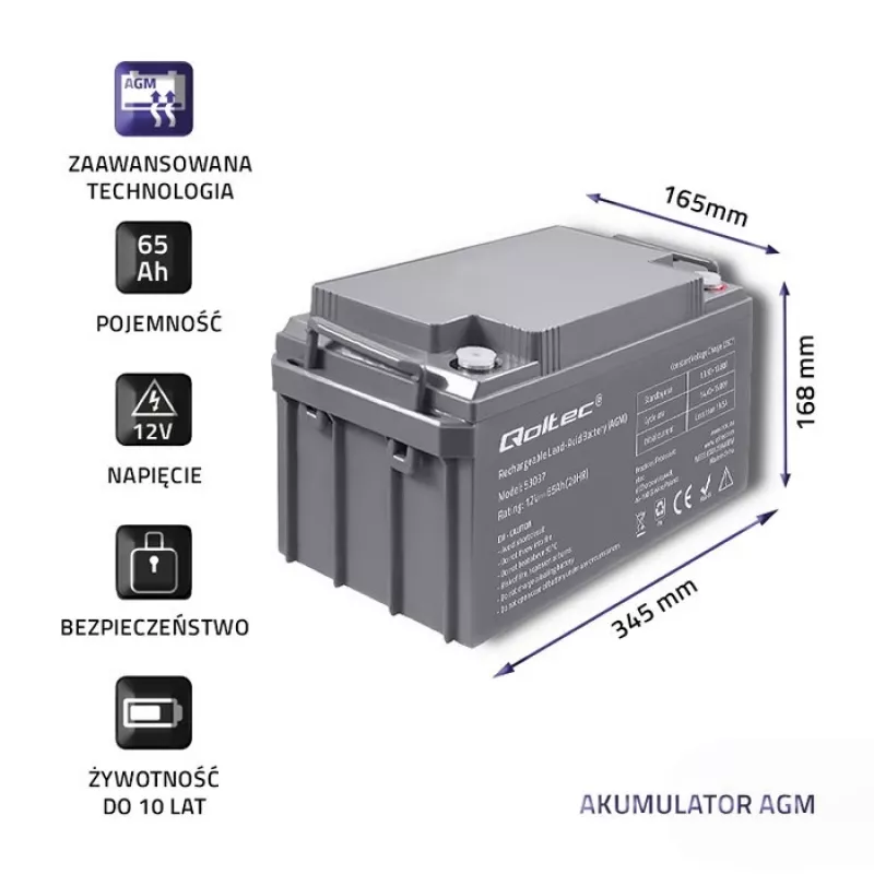 Qoltec 53037 AGM batéria 12V 65Ah max 780A