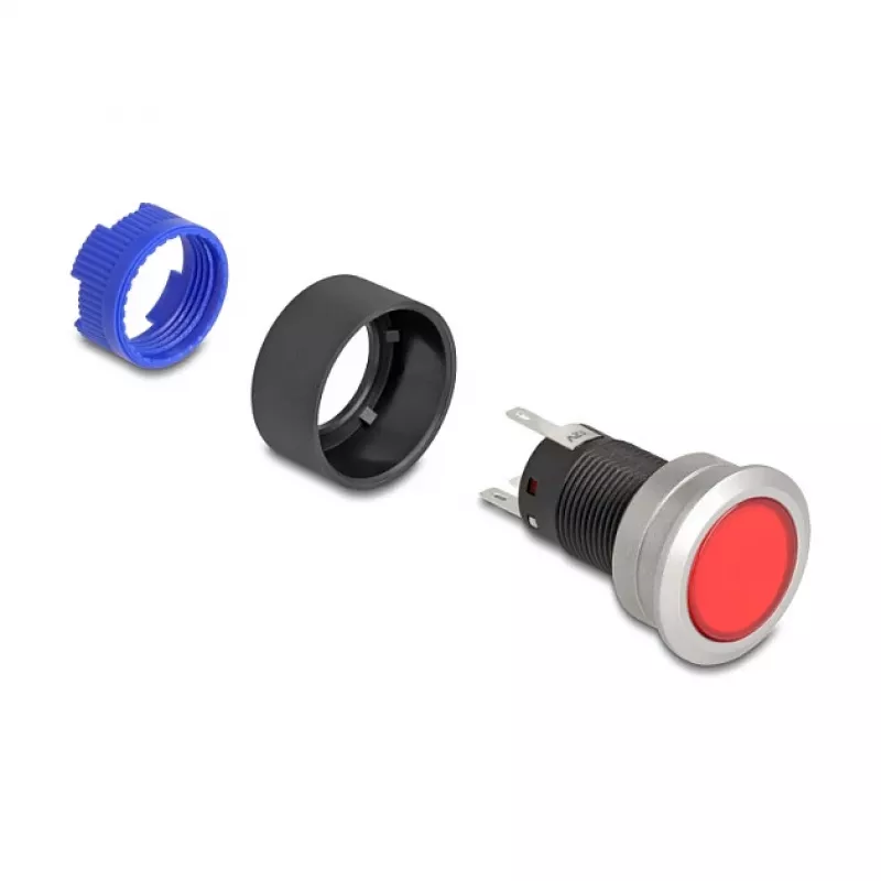 Delock 22 mm vstavané tlačidlo, ploché, červená LED, spájkované spoje, 1 NO, 230 V AC/DC