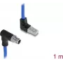 Delock M12 X-coded 8-pólový samec zahnutý nadol na RJ45 samec zahnutý nahor S/FTP priemyselný ethernetový kábel Cat.6A 1 m modrý