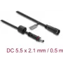 Delock predlžovací kábel DC 5,5 x 2,1 mm samec na samicu so skrutkovacím uzáverom M12 x 1,75 mm vodotesný 18 AWG, 0,5 m čierny