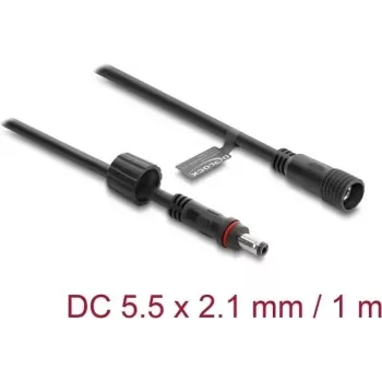 Delock predlžovací kábel DC 5,5 x 2,1 mm samec na samicu so skrutkovacím uzáverom závit M12 x 1,75 mm vodotesný 18 AWG, 1 m čierny
