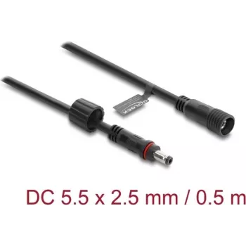 Delock predlžovací DC kábel 5,5 x 2,5 mm konektor samec na konektor samica so skrutkovacím zaistením M12 x 1,75 mm závit vodotesný 18 AWG, 0,5 m čierna (67385)