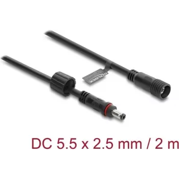 Delock predlžovací DC kábel 5,5 x 2,5 mm konektor samec na konektor samica so skrutkovacím zaistením M12 x 1,75 mm závit vodotesný 18 AWG, 2 m čierna