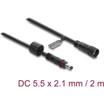 Delock DC predlžovací kábel 5,5 x 2,1 mm konektor samec na konektor samica so skrutkovým uzamknutím M12 x 1,75 mm závit vodotesný 18 AWG, 2 m čierny (67384)