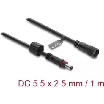 Delock predlžovací kábel DC 5,5 x 2,5 mm samec na samicu so skrutkovacím uzáverom závit M12 x 1,75 mm vodotesný 18 AWG, 1 m čierny (67386)