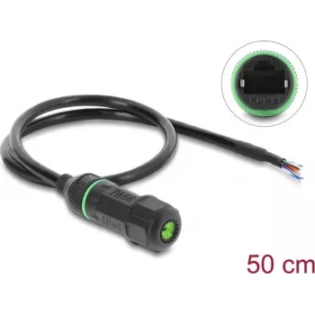 Delock RJ45 konektor samica na otvorené konce kábla Cat.6 panel-mount kábel s M16,8 x 1,5 mm závitom a puzdrom 50 cm čierny (87181)