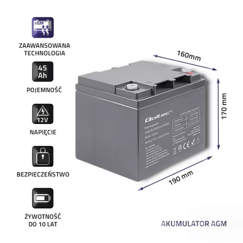 Qoltec 53035 AGM batéria 12V 45Ah 540A