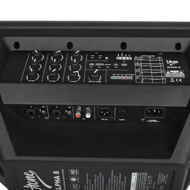 V-TONE ALPHA 8 aktívny akumulátorový stĺpový PA systém s integrovaným mixpultom, 300W RMS, 8 inch woofer, Bluetooth, USB/SD, Hall