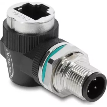 Delock M12 adaptér D-kódovaný 4-pólový konektor samec na RJ45 konektor samica montážne puzdro okrúhle 90° zahnuté (90664)