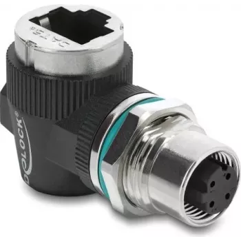 Delock M12 adaptér D-kódovaný 4-pin konektor samica na RJ45 konektor samica panelová montáž 90° zahnuté