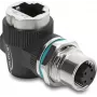 Delock M12 adaptér D-kódovaný 4-pin konektor samica na RJ45 konektor samica panelová montáž 90° zahnuté