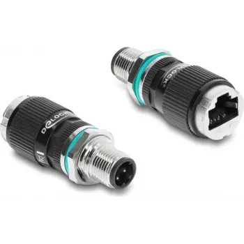 Delock M12 adaptér D-kódovaný 4-pin konektor samec na RJ45 konektor samica panelová montáž rovný