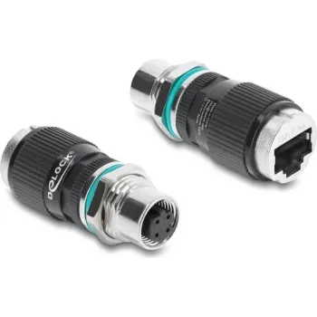 Delock M12 adaptér D-kódovaný 4-pin konektor samica na RJ45 konektor samica panelová montáž okrúhly rovný