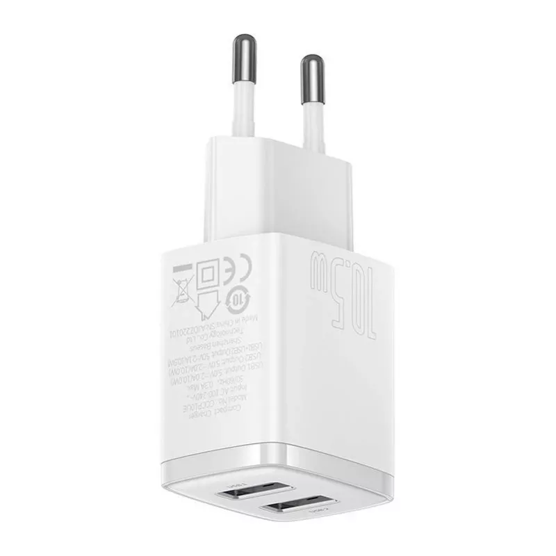 Baseus kompaktná univerzálna biela AC vnútorná nabíjačka 10,5W 2 USB-A porty