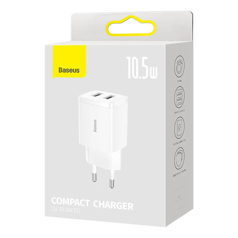 Baseus kompaktná univerzálna biela AC vnútorná nabíjačka 10,5W 2 USB-A porty