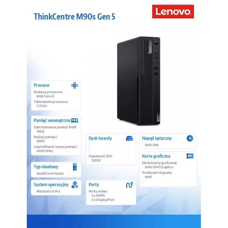 Lenovo ThinkCentre M90s Gen 5 SFF stolový počítač, Intel Core i5-14600, 16GB RAM, 512GB SSD, Intel UHD 770, DVD-RW, Wi-Fi, Bluetooth, Windows 11 Pro, čierny, 3 roky on-site + 1 rok Premier Support