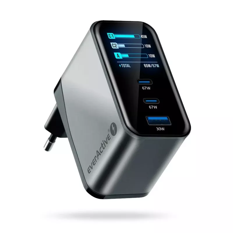 EVERACTIVE SC-670Q GaN 67W USB-C nabíjačka s 2x USB-C a 1x USB-A, Quick Charge 4+, PD 3.0, čierna