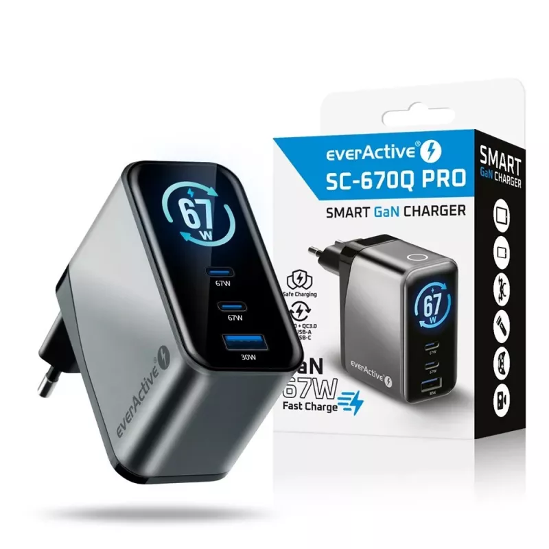 EVERACTIVE SC-670Q GaN 67W USB-C nabíjačka s 2x USB-C a 1x USB-A, Quick Charge 4+, PD 3.0, čierna