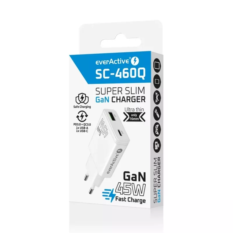 EVERACTIVE GaN QC3.0 45W USB-C nástenná nabíjačka SC-460Q biela