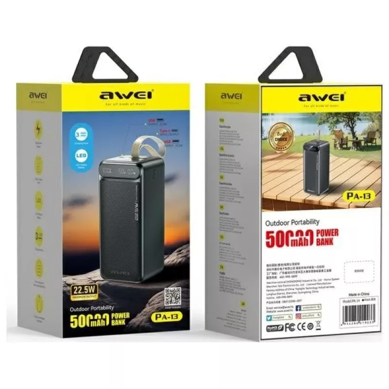 AWEI PA-13 power banka 50000mAh 22,5W čierna