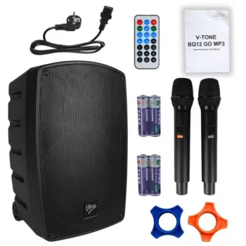 V-TONE BQ12 GO MP3 aktívny reproduktor 8 palcov s batériou, bezdrôtovým mikrofónom a diaľkovým ovládačom, čierny