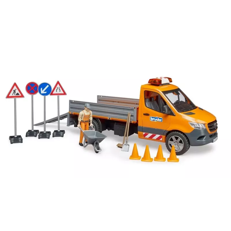 BRUDER 02677 MB Sprinter komunálne hračkárske vozidlo so svetelným a zvukovým modulom, s vodičom a príslušenstvom, oranžové