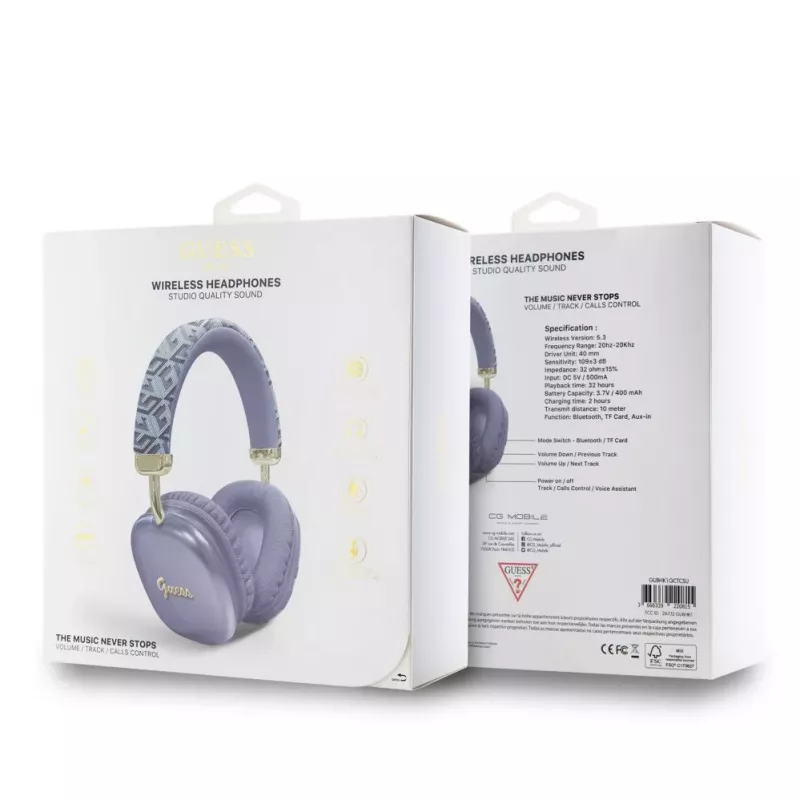 Guess Gcube Metallic Script Logo on-ear Bluetooth slúchadlá - fialové