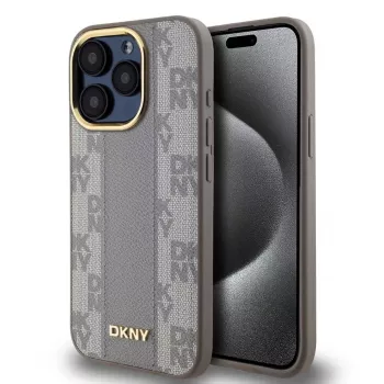 DKNY DKHMP15LPCPVSLE iPhone 15 Pro 6,1 béžové puzdro koža káro Mono vzor MagSafe