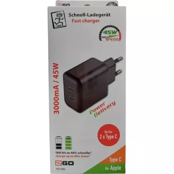 2GO ACV nástenná nabíjačka 100-240V 2x USB-C 3000mA čierna (797386)