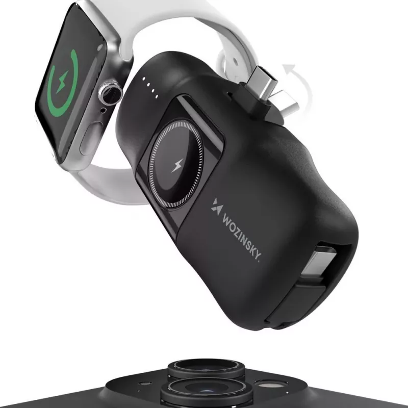 Mini powerbanka Wozinsky WF16-YCS 5000mAh 15W USB-C s integrovaným USB-C káblom a nabíjačkou Apple Watch - čierna