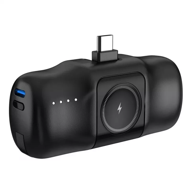 Mini powerbanka Wozinsky WF16-YCS 5000mAh 15W USB-C s integrovaným USB-C káblom a nabíjačkou Apple Watch - čierna