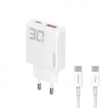 Dudao A30EU GaN 30W USB-C USB-A sieťová nabíjačka s káblom USB-C na USB-C 1m biela
