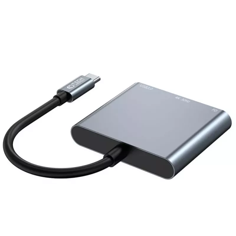Tech-Protect V1 3in1 USB-C hub adaptér - USB-A 3.0, USB-C PD 100W, HDMI 4K 30Hz - sivý