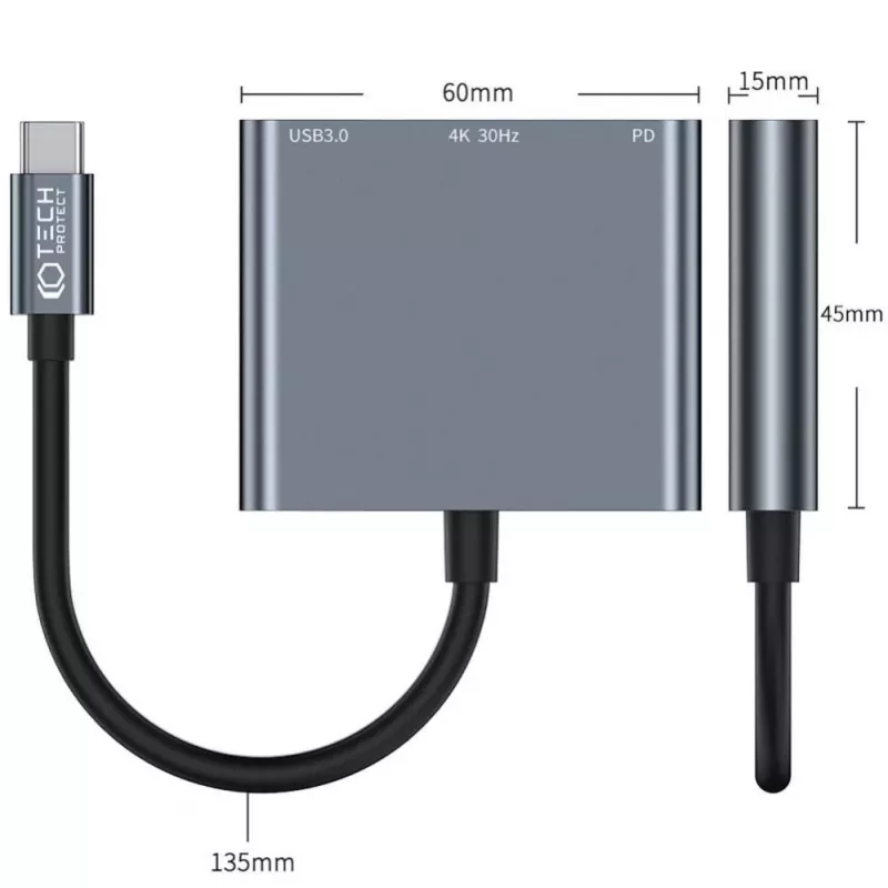 Tech-Protect V1 3in1 USB-C hub adaptér - USB-A 3.0, USB-C PD 100W, HDMI 4K 30Hz - sivý