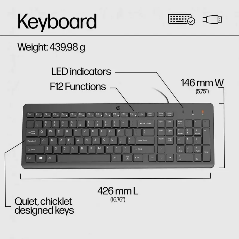 HP 150 káblová súprava myši a klávesnice - čierna - QWERTY anglické US rozloženie
