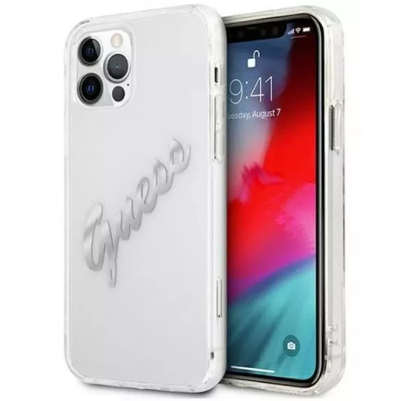 Guess Apple iPhone 12 Pro Max 6.7 pevné puzdro Vintage Script strieborná transparentná