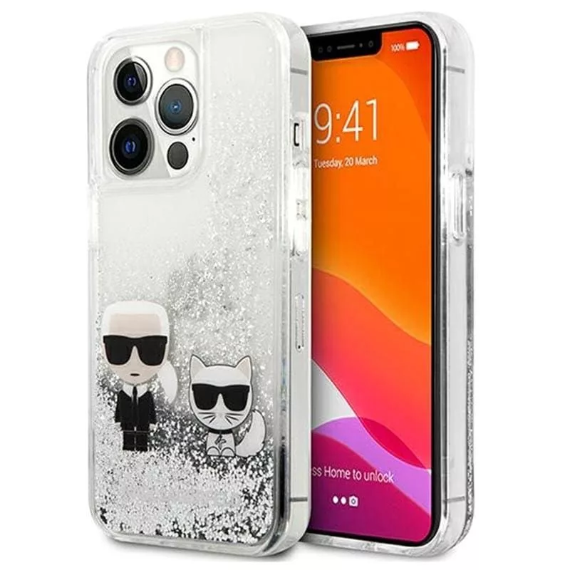 Karl Lagerfeld Apple iPhone 13 Pro Liquid Glitter Choupette puzdro strieborná