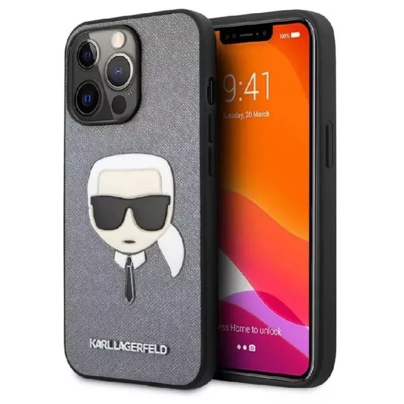 Karl Lagerfeld Apple iPhone 13 Pro Saffiano Karl Head puzdro strieborná