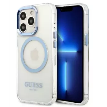 Guess Apple iPhone 13 Pro Max 6,7 palca pevné puzdro Metal Outline Magsafe transparentná modrá
