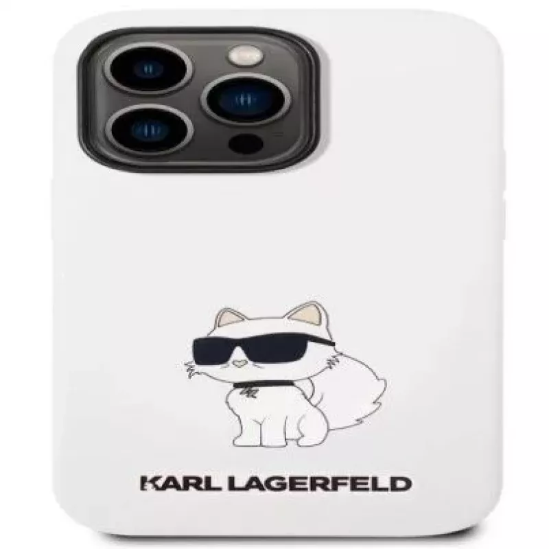 Karl Lagerfeld Apple iPhone 14 Pro puzdro z tekutého silikónu Choupette NFT biela