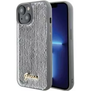 Guess iPhone 15 pevné puzdro HC Sequin Script Metal Silver