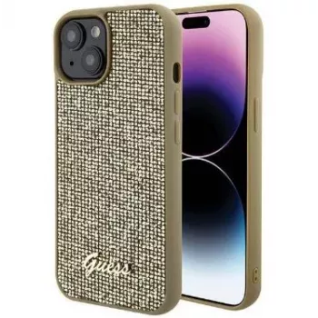 Guess Apple iPhone 15 pevné puzdro HC PU Disco Script Metal Gold