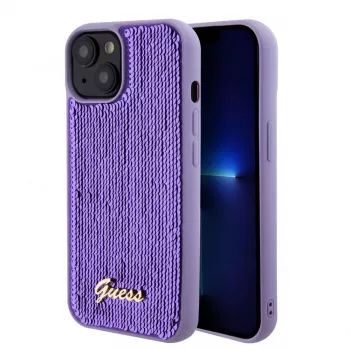 Guess puzdro Sequin Script Logo pre iPhone 15 fialová