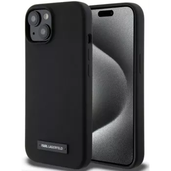 Karl Lagerfeld Apple iPhone 15 puzdro z tekutého silikónu Plaque MagSafe čierna